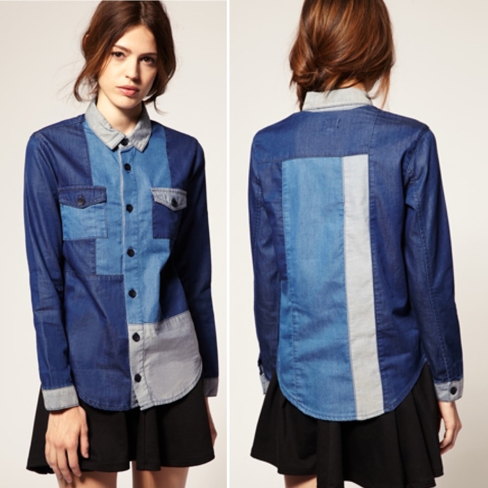 ASOS Patchwork Denim Button Down Size 4 - image 4